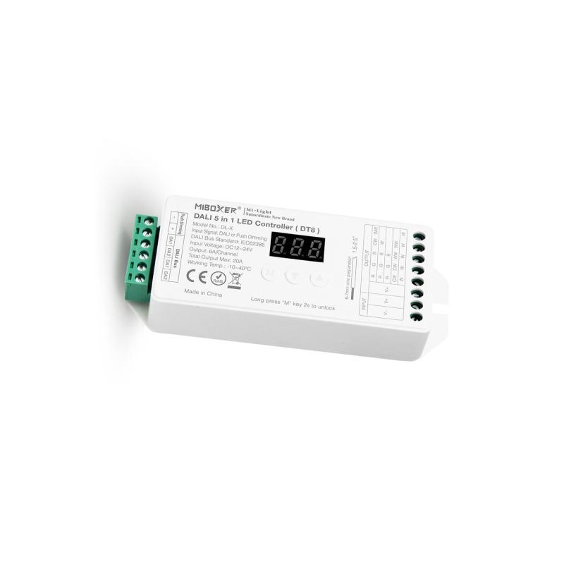 Producto de Controlador Regulador LED DL-X DALI 5 en 1 DT8 para tira Monoclor/CCT/RGB/RGBW/RGBWW 12/24V DC MiBoxer