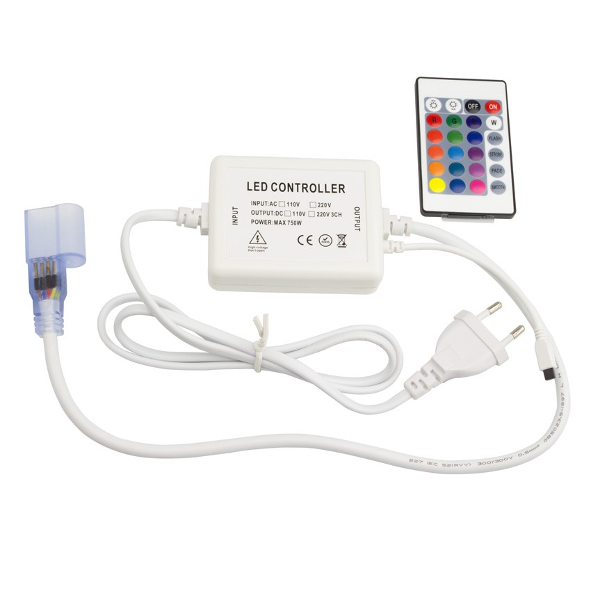 Controlador para Tira Neón LED RGB 220V AC 120 LED/m IP67 a Medida Corte cada 100 cm con Mando IR