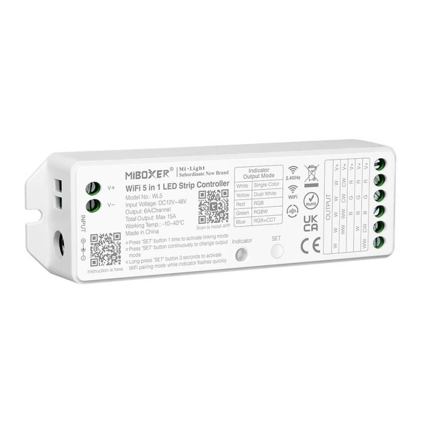Controlador Regulador LED WiFi 5 en 1 para tira Monocolor/CCT/RGB/RGBW/RGBWW 12/48V DC MiBoxer