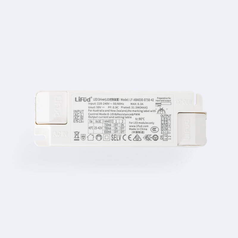 Producto de Driver LIFUD Regulable 0-10V 220-240V No Flicker Salida 25-42V 650-750mA 25-30W LF-ABA030-0750-42