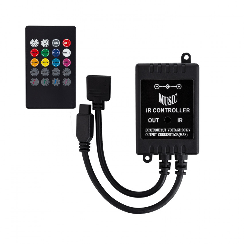 Controlador Musical Fita LED RGB 12V, Comando á distância IR 20 Botões