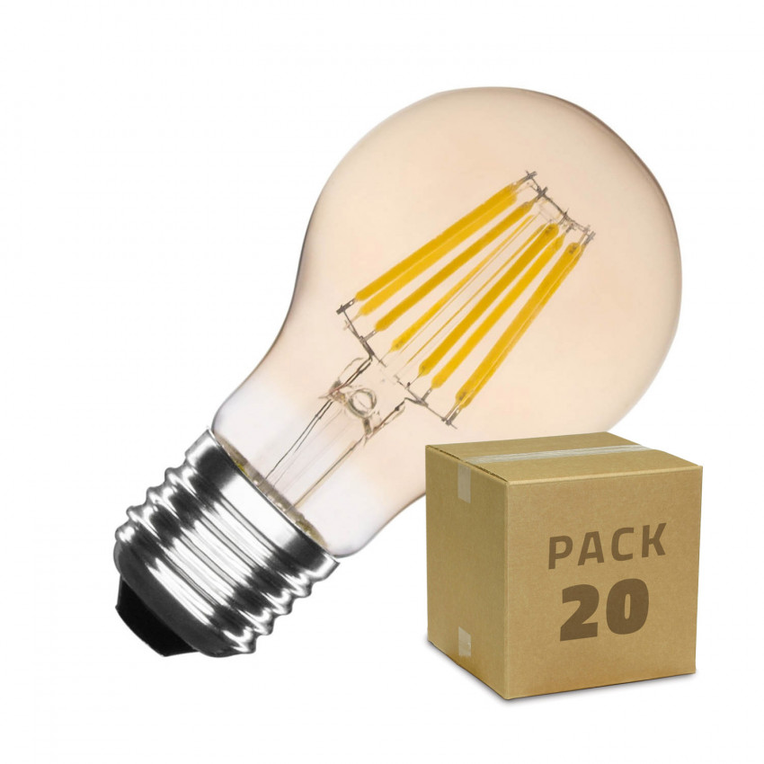 Caja de 20 Bombillas LED E27 Regulable Filamento Gold Classic A60 6W Blanco Cálido