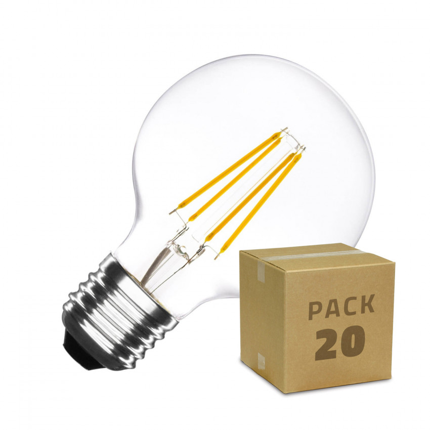 Produto de Caixa de 20 Lâmpadas LED E27  Regulável de Filamento Globo  G80 6W Branco Quente 