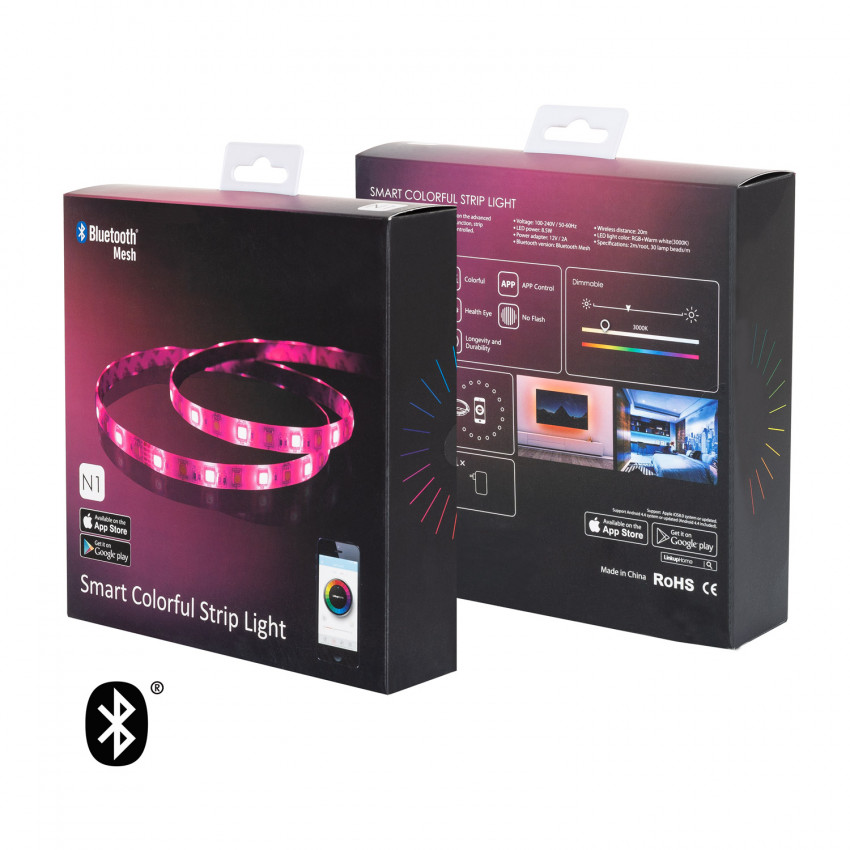 Produto de Fita LED Multicolorida Controle por Smartphone Bluetooth 30 LED/m 2m com Fonte de Alimentação Corte a cada 10cm