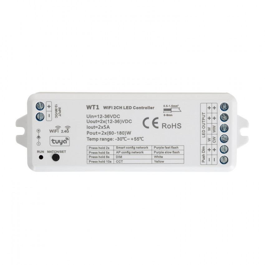Controlador Smart WiFi 2 Canales para Tira LED Monocolor y CCT 