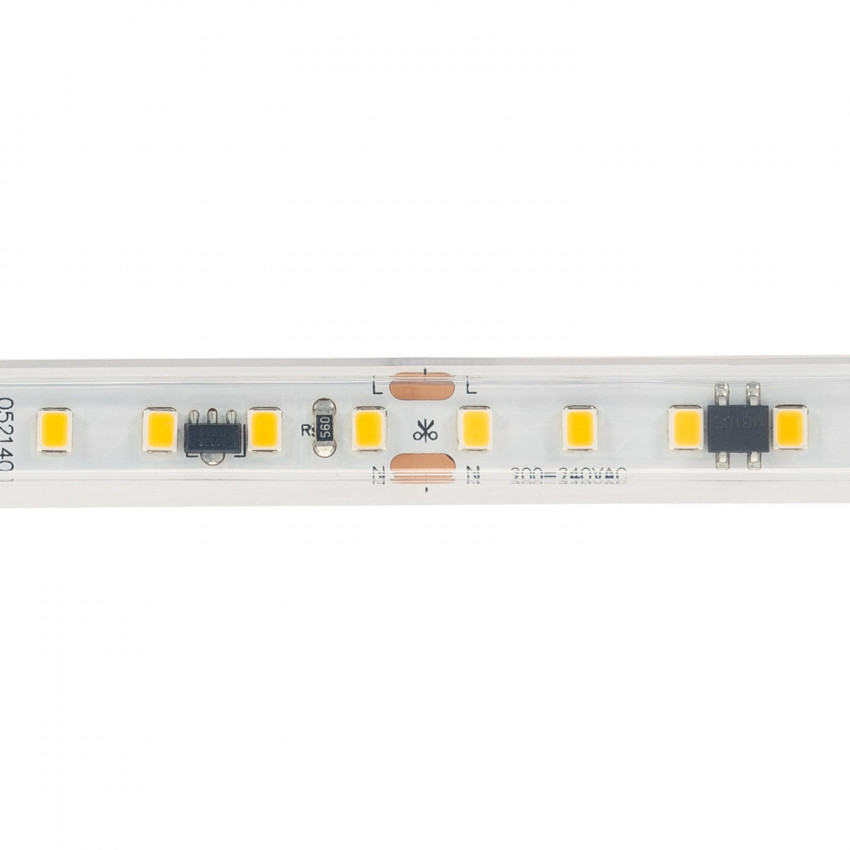 Produto de Fita LED Regulável Autorectificada 220V AC 120 LED/m Branco Quente IP65 High Lumen à medida Largura 12mm Corte a cada 10 cm
