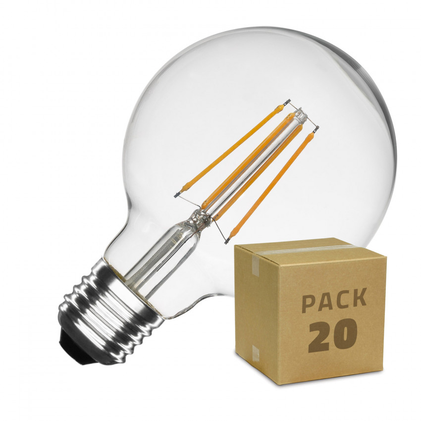 Caixa com 20 lâmpadas LED E27 Régulável Filamento Planet G95 6W Branco Quente 