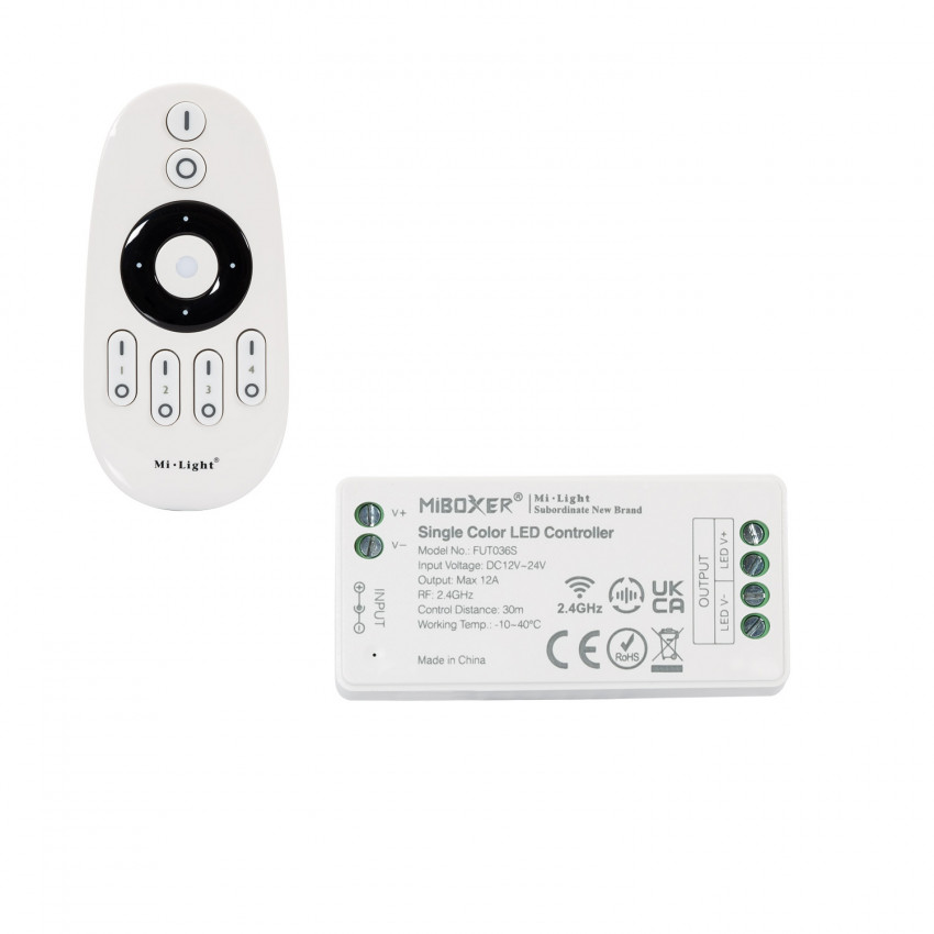 Controlador Regulador Monocolor 12/24V DC + Mando RF 4 Zonas MiBoxer