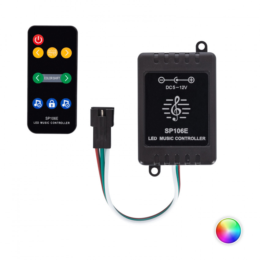 Controlador Regulador Musical Fita LED RGBIC Digital SPI 5-12V DC com Comando IR