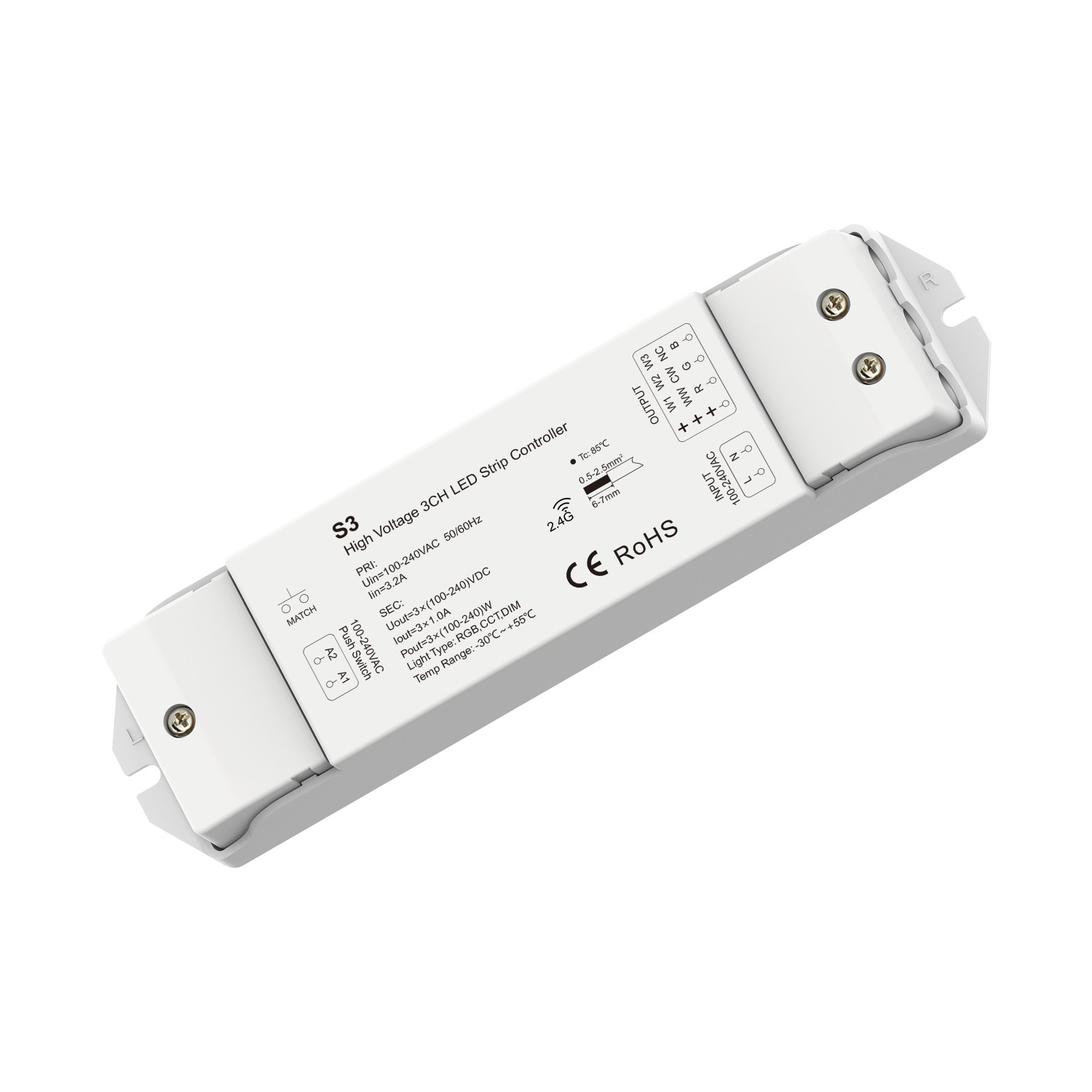 Produto de Controlador Regulador Fita LED RGB-CCT 220-240 AC Compatível com Pulsador e Comando RF