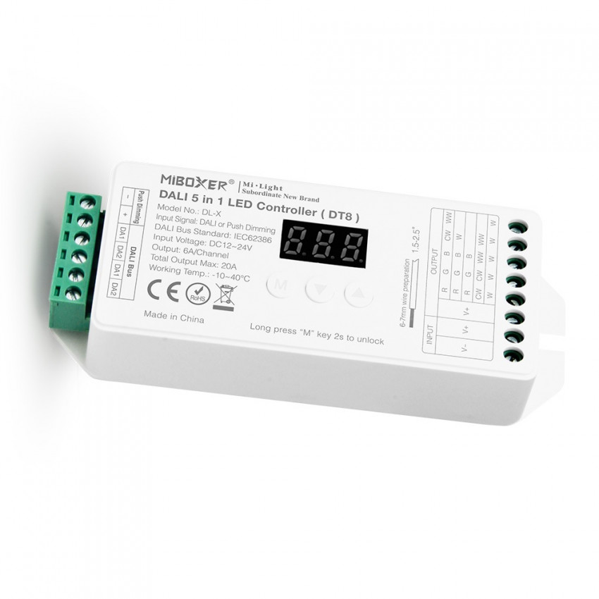 Controlador Regulador LED DALI 5 en 1 para tira Monoclor/CCT/RGB/RGBW/RGBWW 12/24V DC MiBoxer