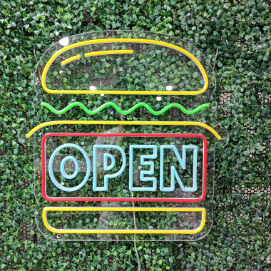 Cartel Neón LED Open Burger